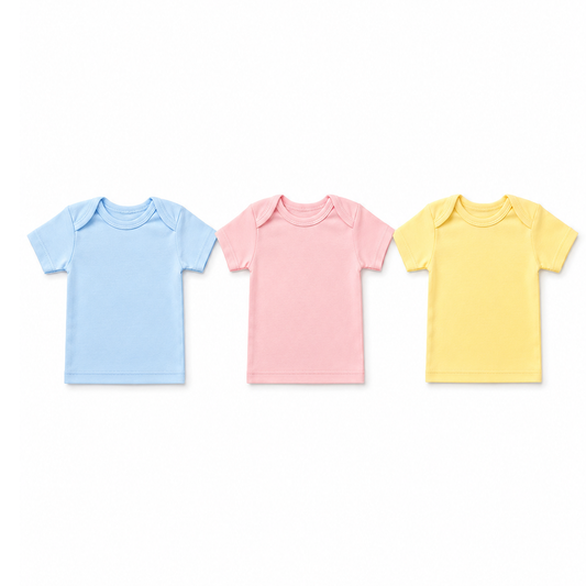 Three short-sleeve baby t-shirts in light blue, soft pink, and pale yellow, arranged side by side on a plain white background.