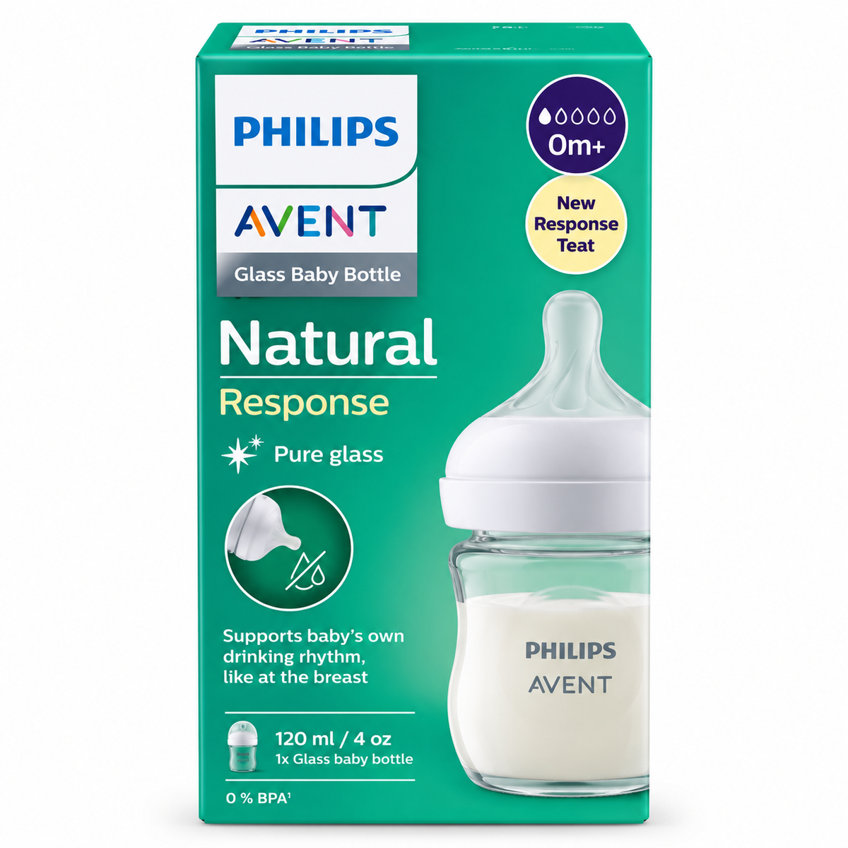 Philips Avent Natural Response 120ml 4oz glass baby feeder on white background