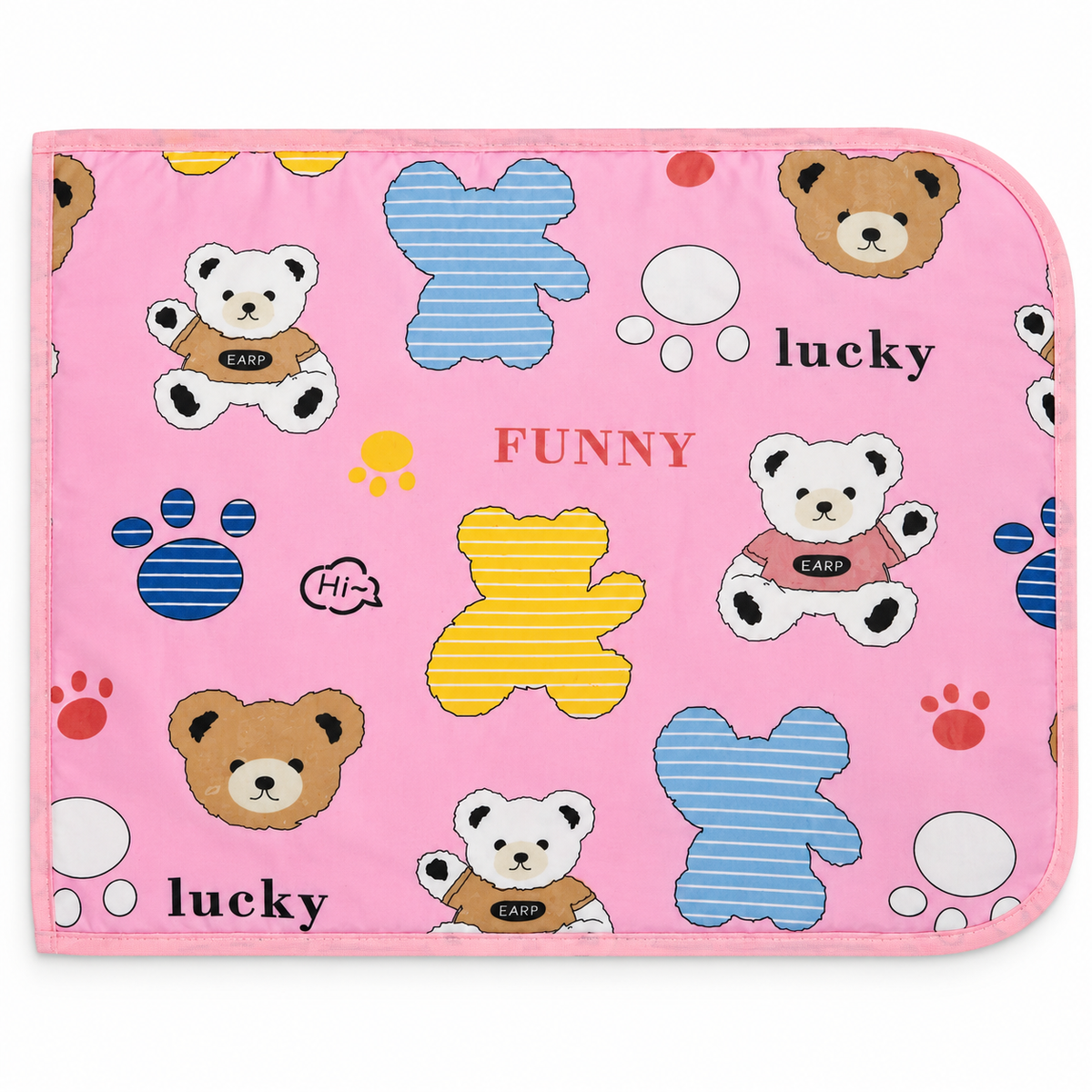 Pink teddy bear baby diaper changing mat with playful cartoon design