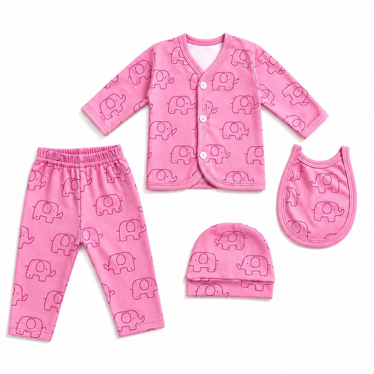 A 4-piece baby clothing set in pink, featuring a long-sleeve cardigan, matching pants, a bib, a beanie, and a small hat, all decorated with a repeating outline elephant pattern on a white background.