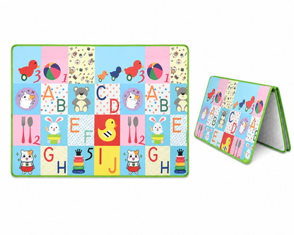 Children's alphabet learning mat with colorful illustrations on a white background