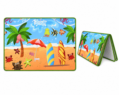 Children's beach-themed mat with surfboards, palm trees, and umbrellas on a white background