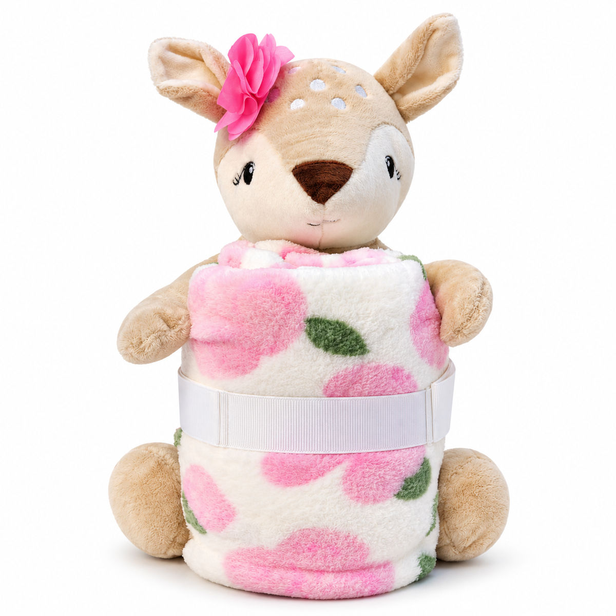 A plush deer baby lovey with a pink flower on its ear, holding a soft rolled blanket with a pink and white floral pattern and green leaves, secured by a white ribbon, on a white background.