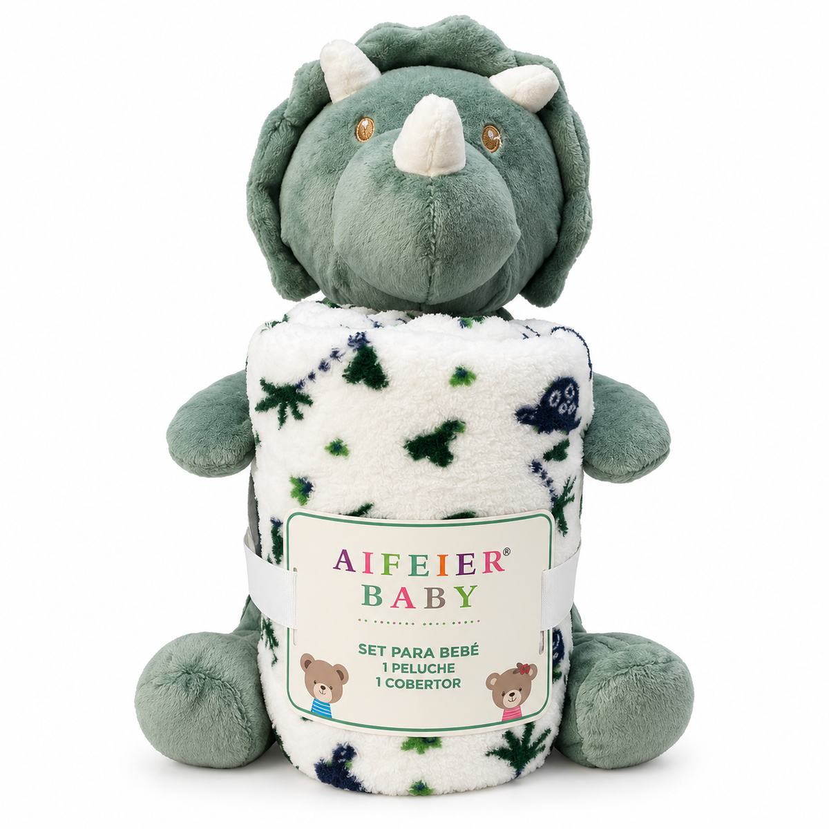 A plush green dinosaur baby blanket set featuring a soft green stuffed dinosaur head and body with a white blanket wrapped around it, printed with green and navy dinosaur motifs. The blanket has a white paper label wrapped around it with the brand 'AIFEIER BABY' printed on it.