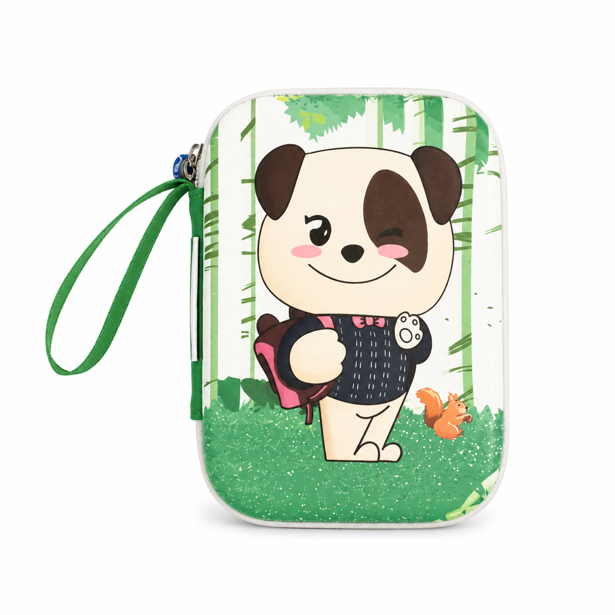 A rectangular zippered pouch with rounded corners, featuring a cartoon panda character in a green forest setting. The pouch has a green wrist strap and is shown on a plain white background.
