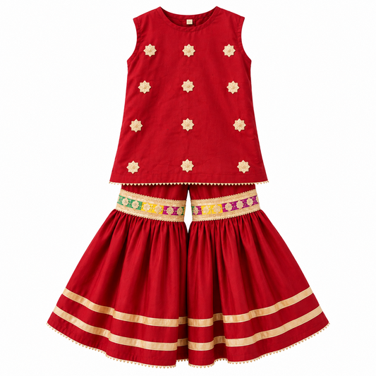 BabyCo red cotton dhanak sleeveless kurti and flared sharara set with ivory floral embellishments and multicolour embroidered waist bands