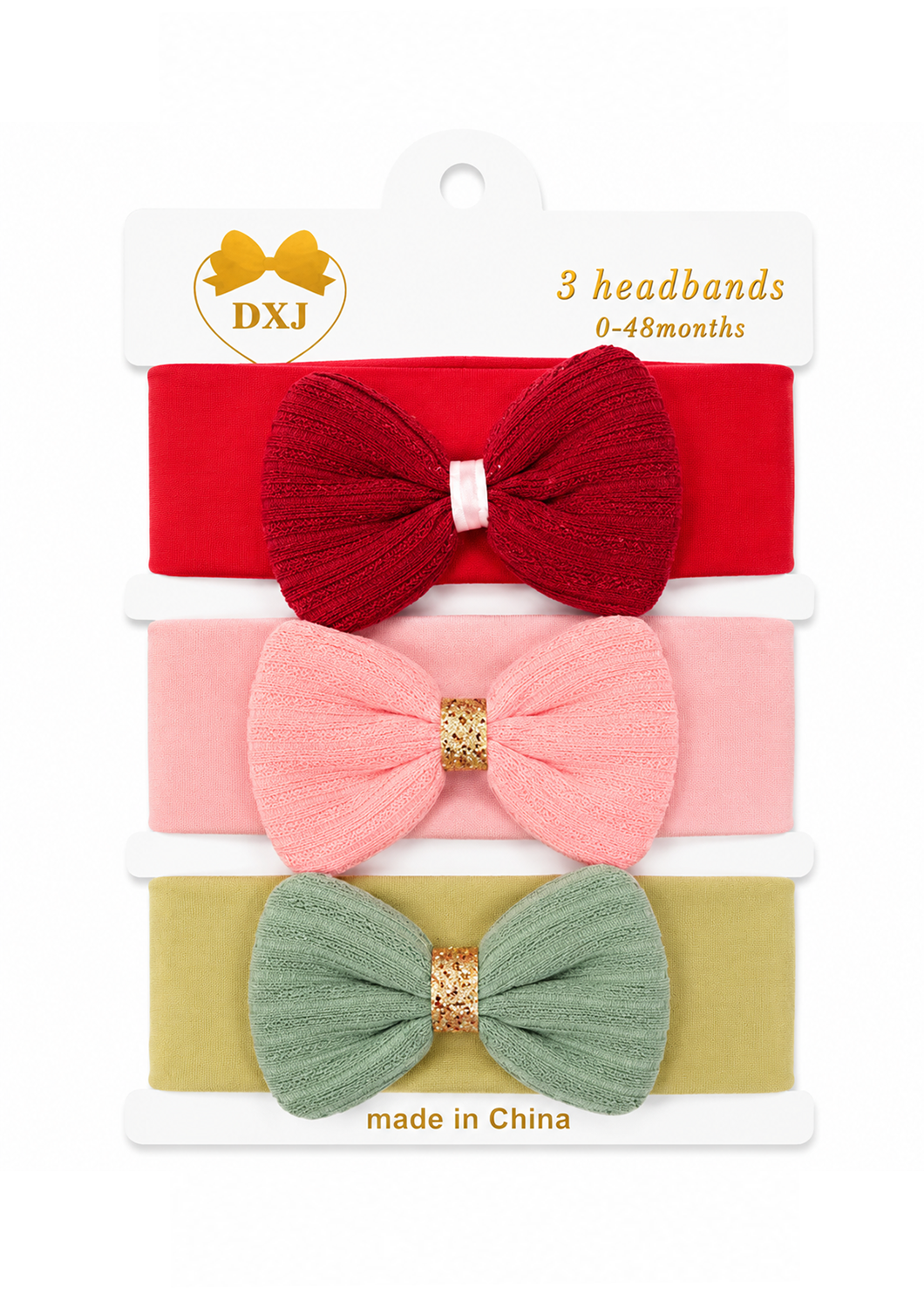 A package of three DXJ baby headbands for 0-48 months, featuring a red, pink, and sage green ribbed fabric bow design with gold glitter accents on a white backing card.