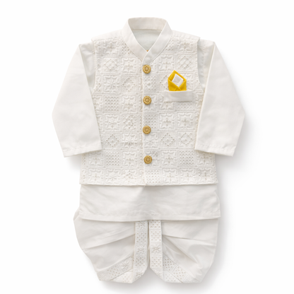White Dhoti Kurta With Waistcoat