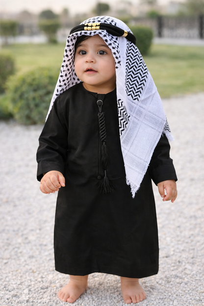 Premium Habibi Baby Black Thobe With Shemagh & Glasses Set