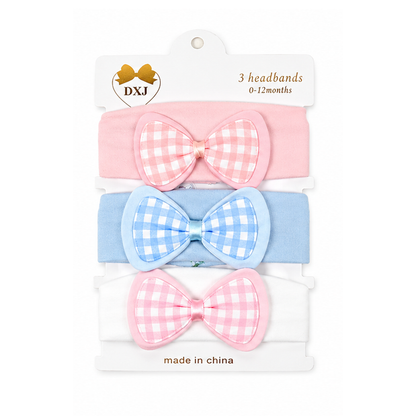 Bow Check Premium Cotton 3 Piece Headband Set