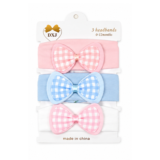 Bow Check Premium Cotton 3 Piece Headband Set