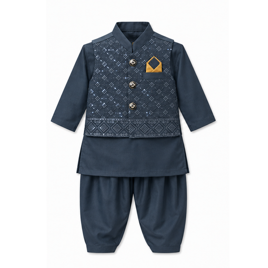 4-8 Months Embroided Kurta Pajama With Waist Coat (Premium)