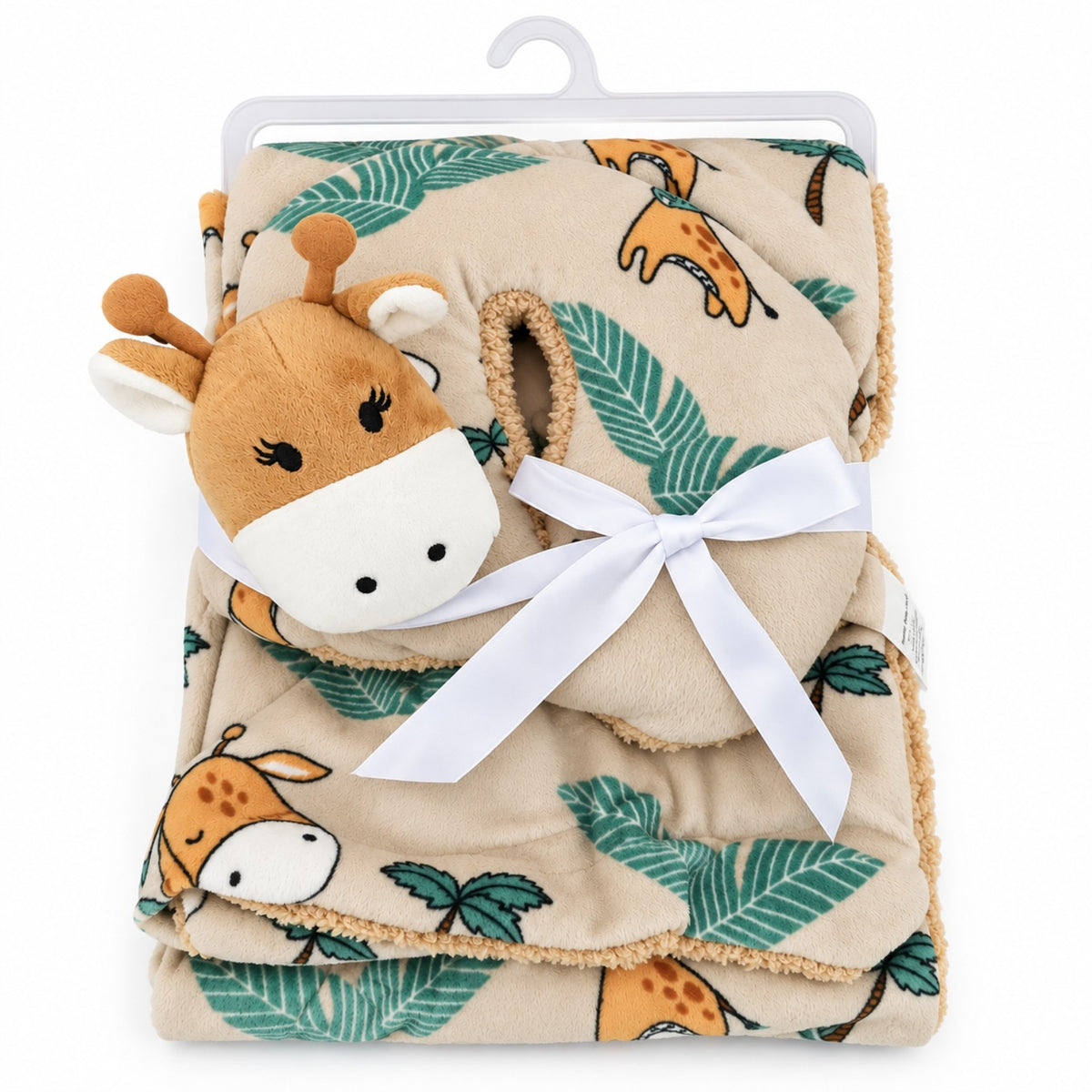 Safari giraffe hooded baby blanket with leafy print and plush giraffe hood