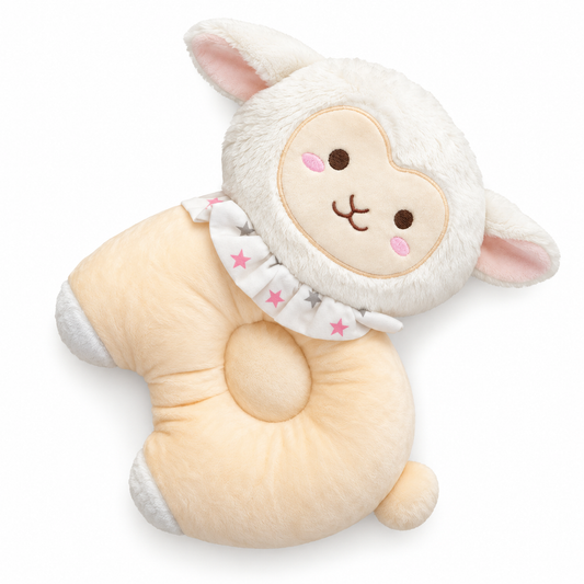 Sheep-shaped soft baby pillow in cream and peach for nursery bedding by BabyCo Pakistan