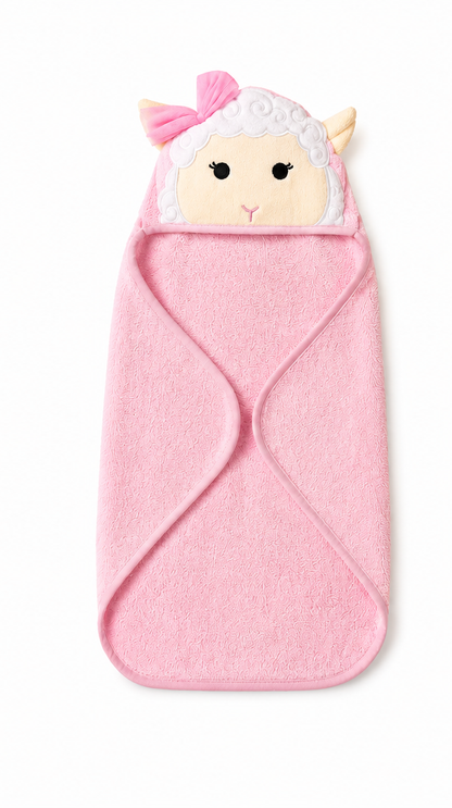 Pink baby towel with cartoon face design on a white background