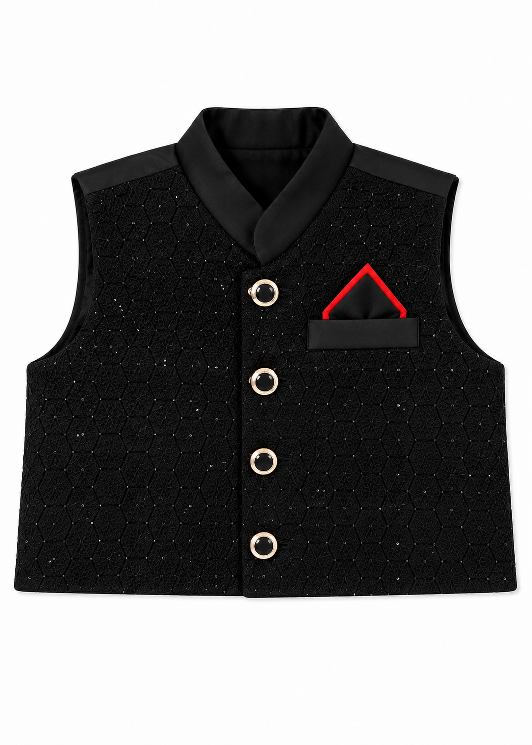 A black textured waistcoat vest with a satin collar, decorative gold-tone buttons, and a red-trimmed black pocket square, shown on a plain white background.
