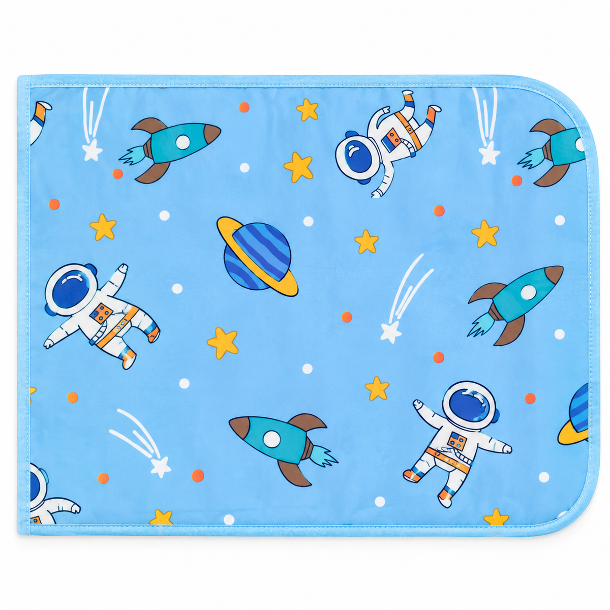 Blue space-themed baby diaper changing sheet with rockets and astronauts