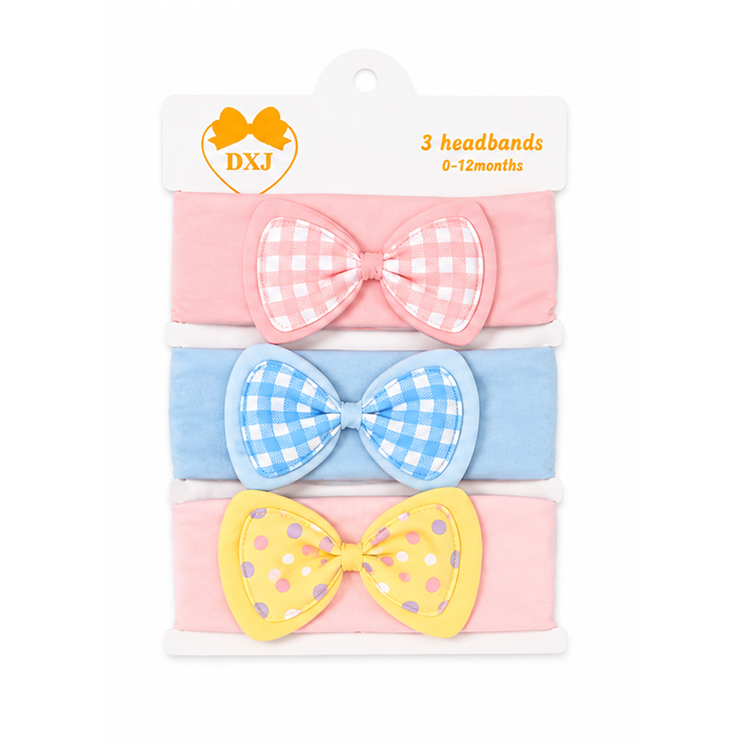 Bow Check Premium Cotton 3 Piece Headband Set