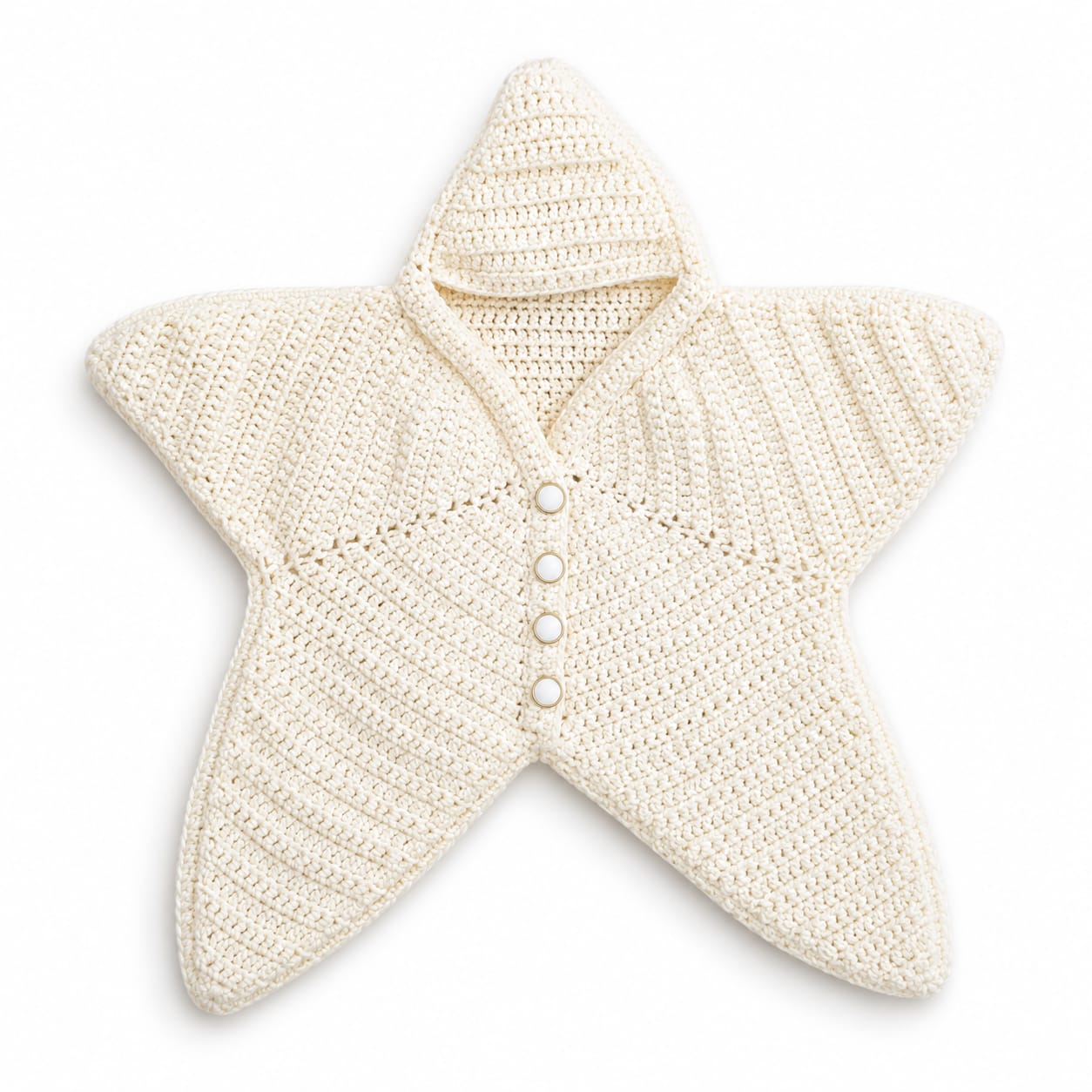 An off-white crocheted star-shaped baby cardigan with a hood and three white buttons, shown on a plain white background.