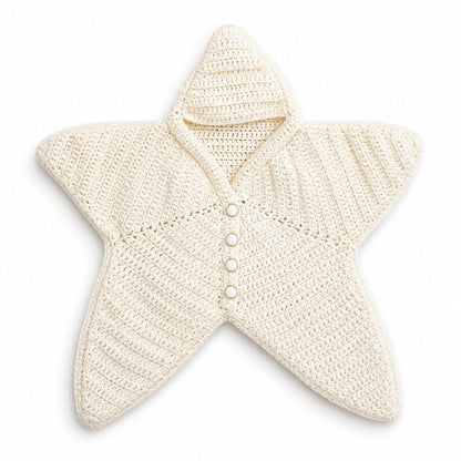 An off-white crocheted star-shaped baby cardigan with a hood and three white buttons, shown on a plain white background.