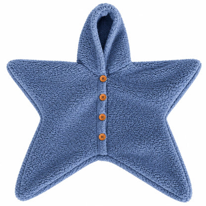 StarSnug blue plush fleece hooded star baby romper with four wooden buttons