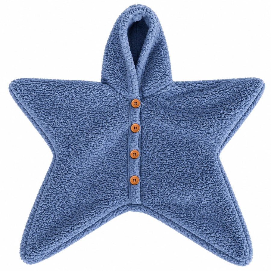 StarSnug blue plush fleece hooded star baby romper with four wooden buttons