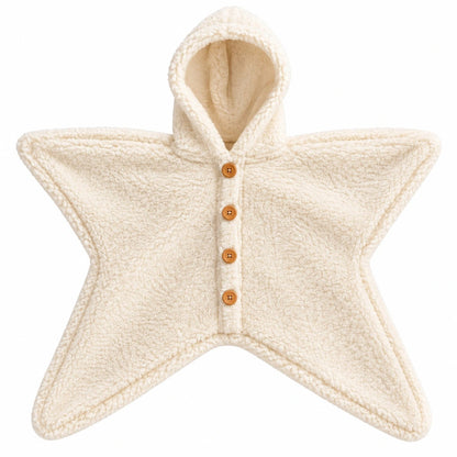 StarSnug cream plush fleece hooded star baby romper with four wooden buttons