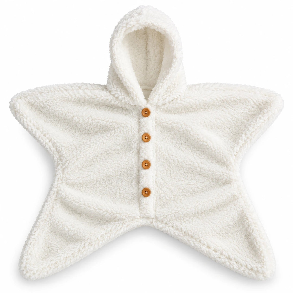 StarSnug white plush fleece hooded star baby romper with four wooden buttons