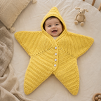 A baby wearing a bright yellow crocheted hooded blanket suit, lying on a beige bed with a wooden crib rail, a plush toy, and a knit pillow visible.
