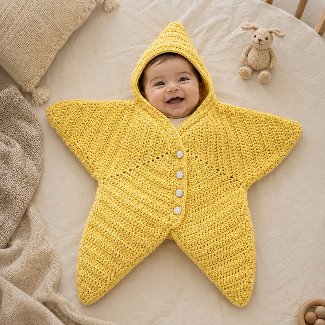A baby wearing a bright yellow crocheted hooded blanket suit, lying on a beige bed with a wooden crib rail, a plush toy, and a knit pillow visible.