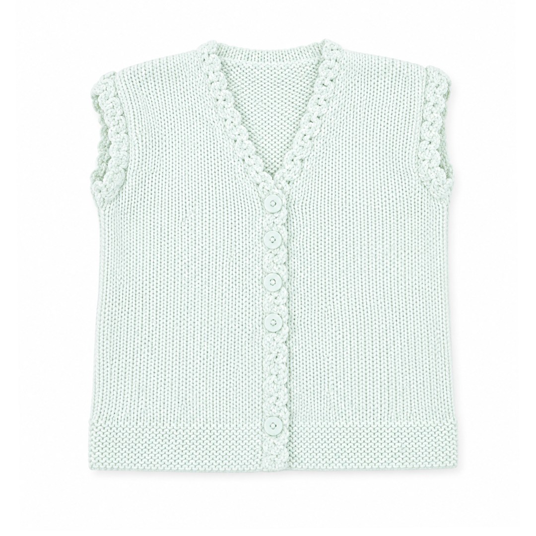 A light mint green ribbed knit sweater vest with a V-neck and decorative knit trim along the collar and armholes, shown flat on a white background.
