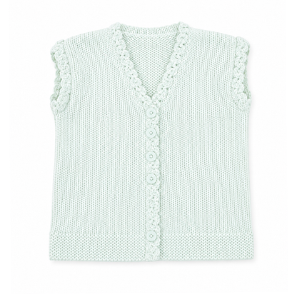 A light mint green ribbed knit sweater vest with a V-neck and decorative knit trim along the collar and armholes, shown flat on a white background.