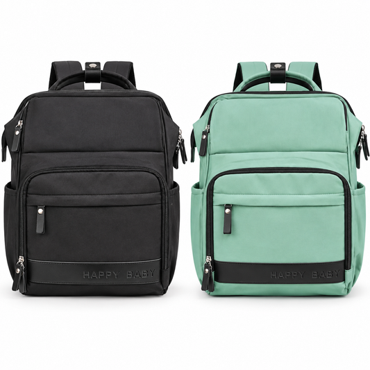 UrbanNest multi-pocket baby diaper backpack in black and mint green