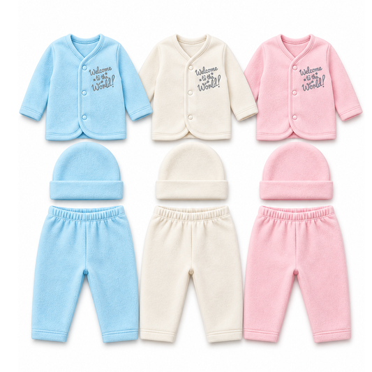 Three baby clothing sets arranged in a grid on a white background: light blue cardigan and pants with a matching beanie, cream cardigan and pants with a matching beanie, and pink cardigan and pants with a matching beanie. Each set has a snap-button front and the cardigan has 'Welcome to the World!' text.