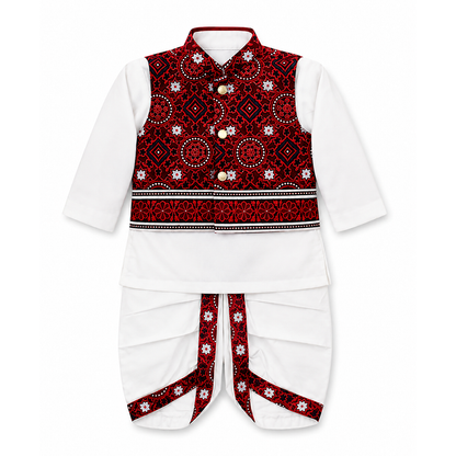 A traditional  dhoti kurta for boys, featuring a white long-sleeve shirt, a red ajrak waistcoat with white accents, and matching white dhoti pants with red patterned borders.
