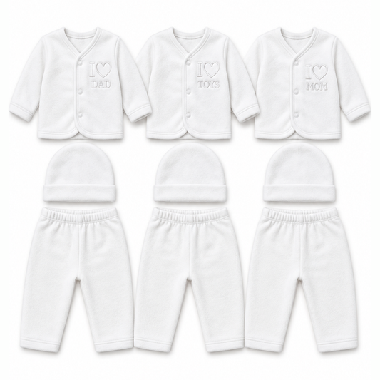 Six white baby clothing sets arranged in two rows on a plain white background. The top row shows long-sleeve button-front cardigans with embroidered text reading 'I [heart] DAD', 'I [heart] TOYS', and 'I [heart] MOM', paired with matching beanies.