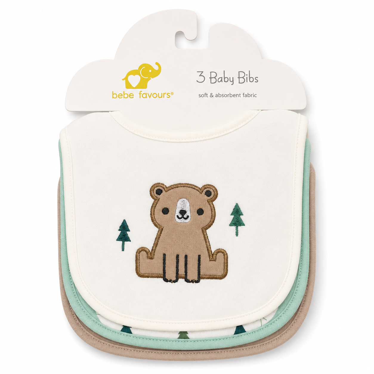 Pack of three baby bibs by bebe favours, featuring an off-white bib with an embroidered brown bear and green trees, layered over two more bibs in beige and mint green, on a white background.
