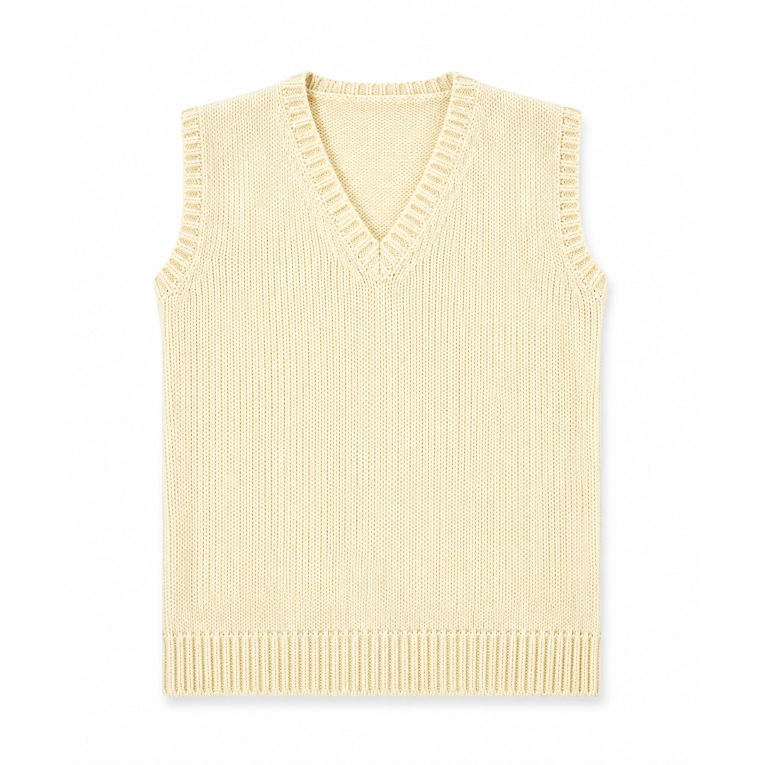 A cream-colored ribbed knit sweater vest with a V-neck, displayed flat against a white background.