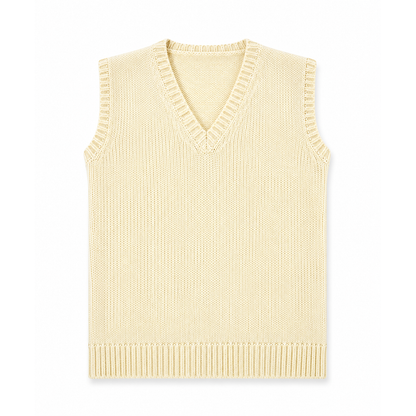 A cream-colored ribbed knit sweater vest with a V-neck, displayed flat against a white background.