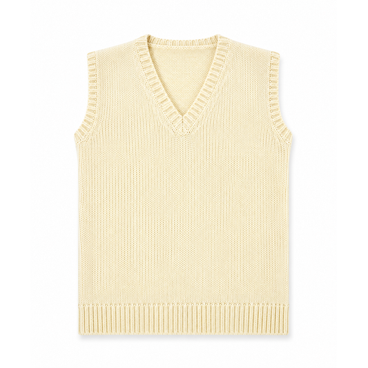 A cream-colored ribbed knit sweater vest with a V-neck, displayed flat against a white background.