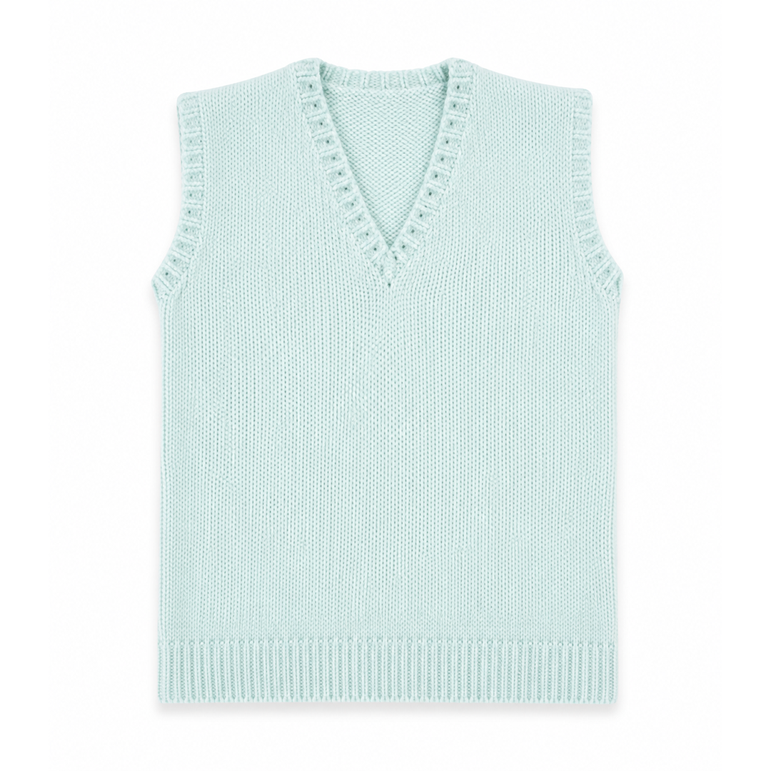 A light mint green knit sweater vest with a V-neck and decorative knit trim, shown flat against a white background.