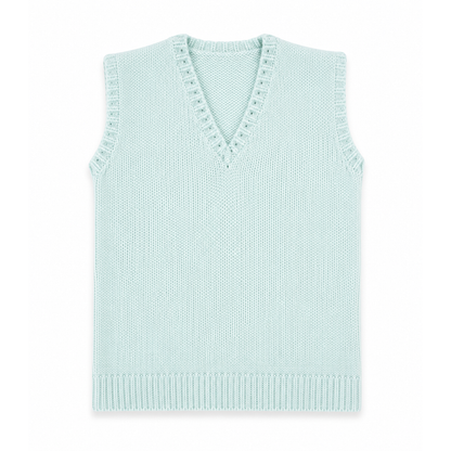 A light mint green knit sweater vest with a V-neck and decorative knit trim, shown flat against a white background.