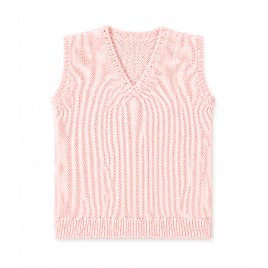 A light pink knit sleeveless vest with a V-neck and decorative eyelet trim, shown flat against a white background.