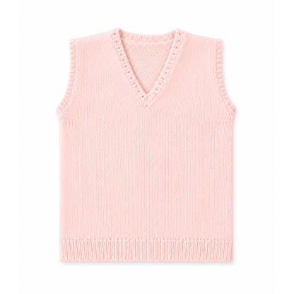 A light pink knit sleeveless vest with a V-neck and decorative eyelet trim, shown flat against a white background.
