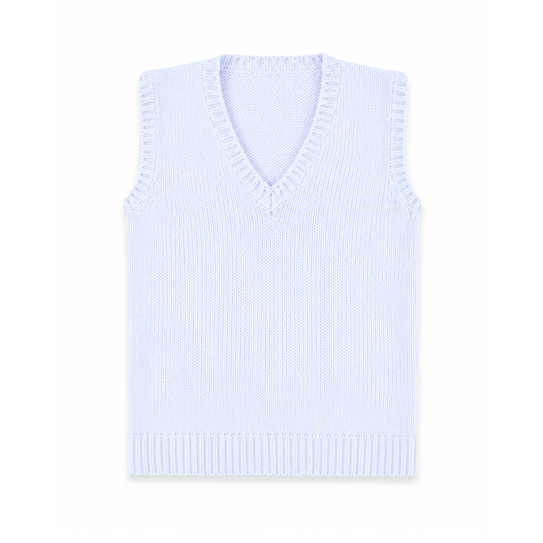 A light blue ribbed knit V-neck sweater vest, shown flat against a plain white background.