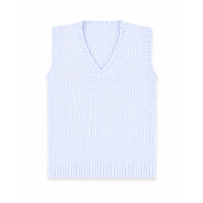 A light blue ribbed knit V-neck sweater vest, shown flat against a plain white background.
