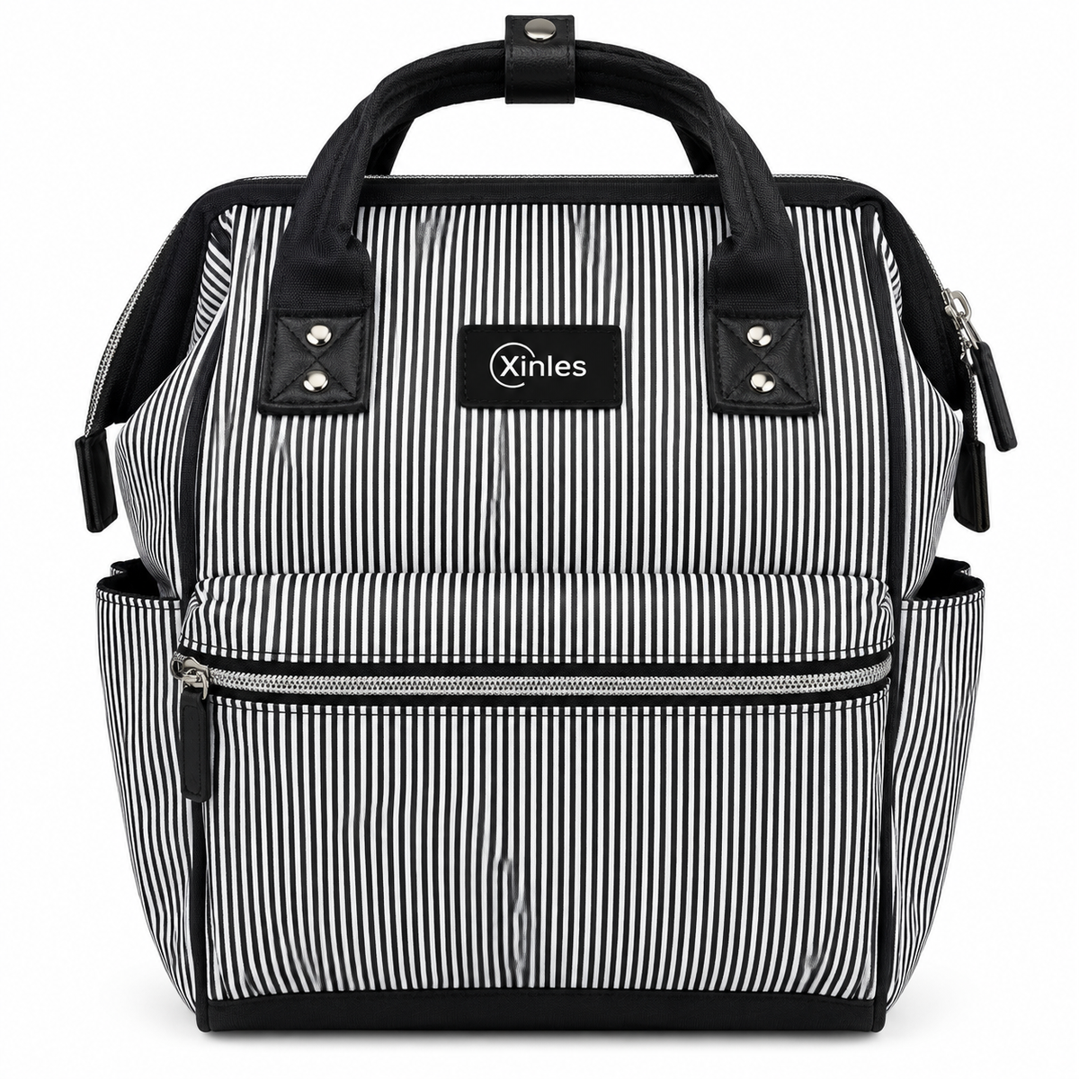 Xinles black and white striped baby diaper backpack on clean white background