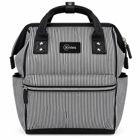 Xinles black and white striped baby diaper backpack on clean white background
