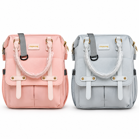 Xinyu Celeste baby diaper backpack in pink and white on clean white background