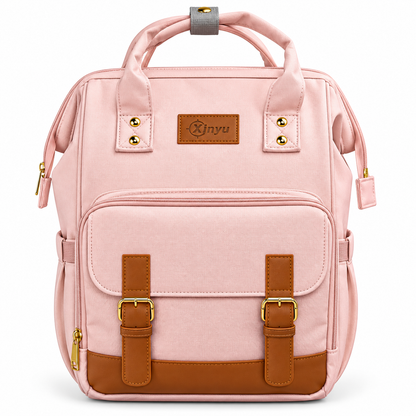 Xinyu pink baby diaper backpack with tan accents and front pocket